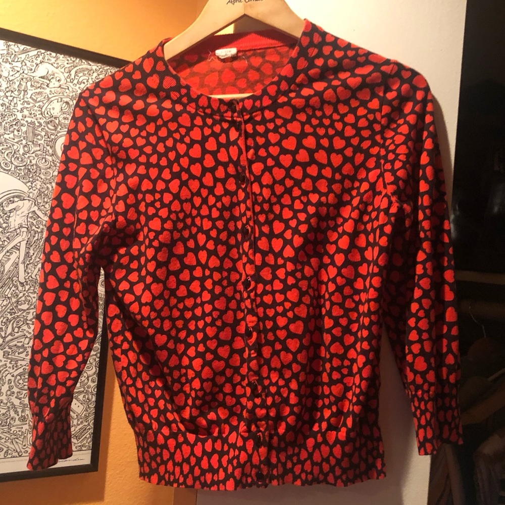 J Crew Large Navy and Red hearts cardigan